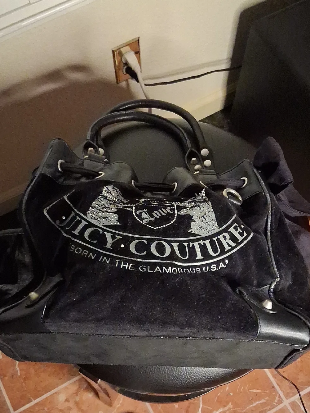 🖤💎Vintage Juicy Couture Black Leather Hobo Handbag W/Clear Gems RARE! Sz M
